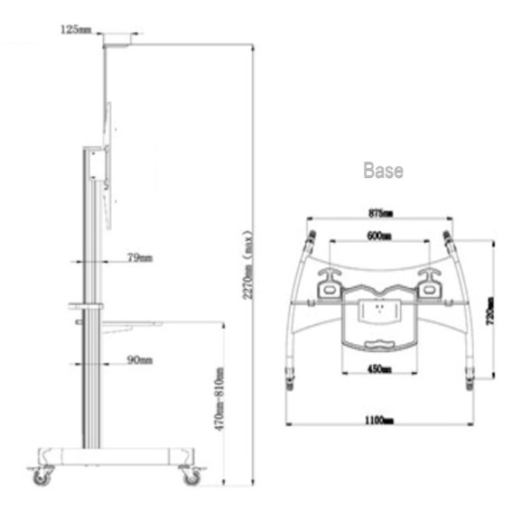 TV Mobile Stand Heavy Duty AF90 side view and base Spec