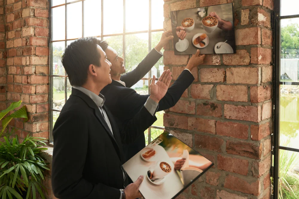 Men mounting a display on a brick wall, showing proper use of a tv bracket in Singapore for commercial spaces.