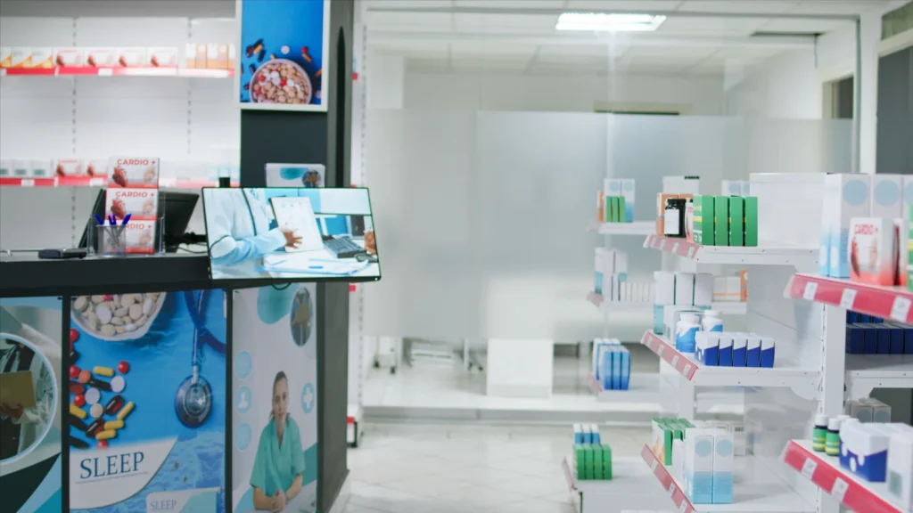 A mounted display in a pharmacy showing how a tv bracket in Singapore supports digital signage in retail settings.