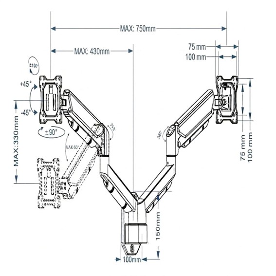 G17 Dual Screen Gas Struct Wall Monitor Mount Spec at tiger mount singapore